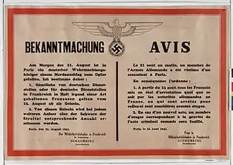 Poster announcing that the Germans will take hostages in retaliation for attacks on German soldiers, 21 August 1941 (Gallica Digital Library)