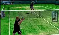 Player character human male about to serve a tennis ball with racket in a tennis court, opponent on the far end.