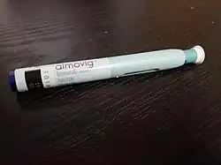 A standard 70mg/mL Aimovig autoinjector
