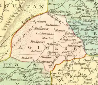 Ajmer Subah depicted in map of Mughal Empire by Robert Wilkinson (1805)