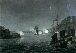 Alceste sails up the Bocca Tigris, engaging shore batteries on either side. In the foreground, Chinese war-junks wait