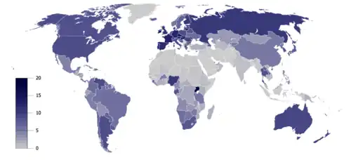 Image 112004 data of alcohol consumption per capita (age 15 or older), per year, by country, in liters of pure alcohol (from List of drinks)