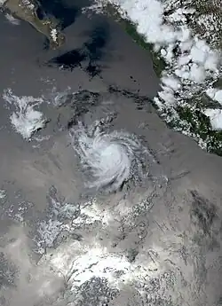 A photograph of a tropical storm off the Pacific coast of Mexico.