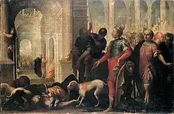 painting of Jezebel's dead body being consumed by dogs as Jehu gestures at her body in triumph