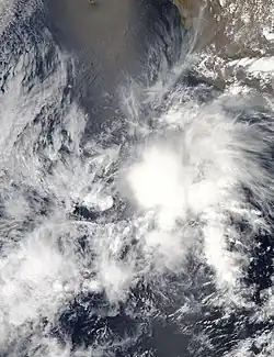 Tropical Storm Andres off the coast of Central America on May 9. The storm is at peak intensity, and most of its clouds are on its west side.