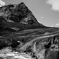 A black-and-white photo of a mountain