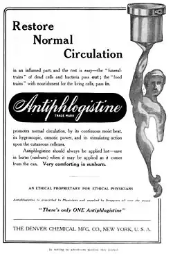 A black-and-white rectangle. On the left a stylized heroic nude holds a pot over his head. The title is Restore Normal Circulation. It is followed by pseudo-scientific jargon. The words "Antiphlogistine TRADE MARK" are highlighted in a rounded rectangle. The advertisement has a footer with "THE DENVER CHEMICAL MFG. CO., NEW YORK, U. S. A.