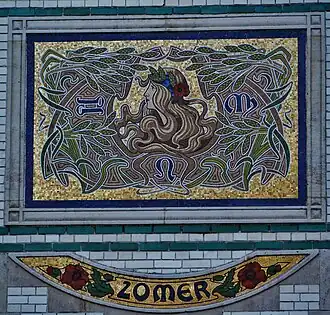 Mosaic which portrays summer as a woman, with a neo-Byzantine golden background, in Antwerp, Belgium