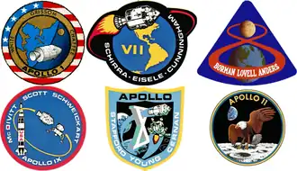 Composite image of six crewed Apollo development mission patches, from Apollo 1 to Apollo 11.