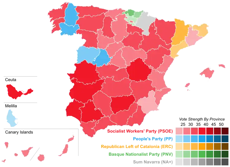 Map of Spain showcasing winning party's strength by constituency
