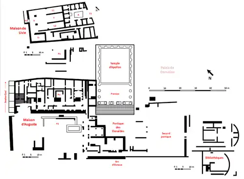 Diagram of the area around the Temple of Apollo, showing the House of Augustus and the Portico of the Danaids (here immediately below the temple's steps)