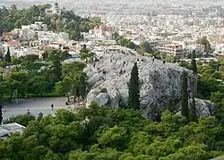 Aerial view of Areopagus from the Acropolis in Athens