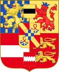 An alternate coat of arms sometimes used by Frederick Henry, William II, and William III as Prince of Orange showing the county of Moers in the top center rather than Veere.[55]