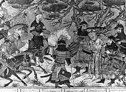 A scene from the Shahnameh depicting the Parthian king Artaban facing the Sassanid king Ardashir I