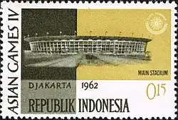 Image 21Gelora Bung Karno Stadium, the main venue of IV Asian Games shown in 1962 Indonesian stamp (from History of Jakarta)