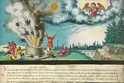 Folio 182. The fifth angel blowing his trumpet (Revelation 9:1–4)