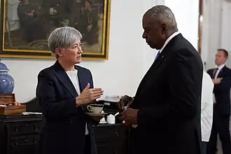 Australian foreign minister Penny Wong talks with US secretary of defense Lloyd Austin during AUSMIN 2024.