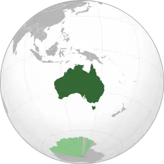 A map of the eastern hemisphere centred on Australia, using an orthographic projection