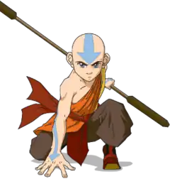 Aang kneeling in a battle pose, holding his new staff behind him.