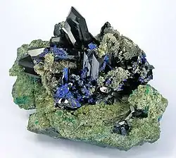 Very large cluster of azurite crystals, ex-Smithsonian collection, offered at US$125,000. Size 16.7 x 13.2 x 10.5&nbsp;cm.
