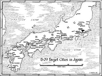 Black and white map of Honshu, Kyushu and Shikoku with cities which were attacked by B-29 bombers as described in the article marked