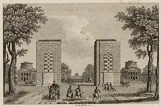 The Arc de Triomphe under construction between the toll houses of the Barrière de l'Étoile, 1818.