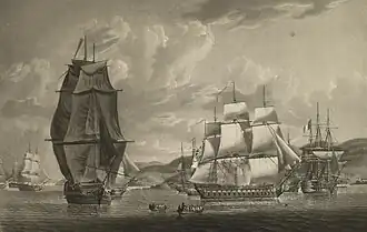 Several ships of the line sailing around while in combat next to a harbour.