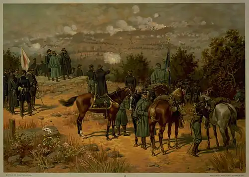 Painting shows several generals and staff in the foreground watching a battle being fought in the distance.