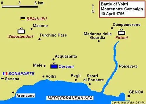 Map shows the Battle of Voltri on 10 April 1796.