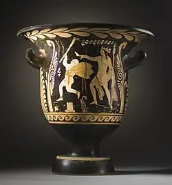Bell krater with an elderly satyr followed by young Dionysos, by Python, c. 350–325 BCE, Los Angeles County Museum of Art
