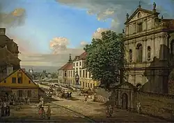 Brygidki Church on the corner of Nalewka street, further down, Warsaw Arsenal. On the left, Bielańska street. Around 1775.