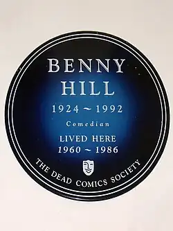 Dead Comics Society plaque commemorating Benny Hill, at his former residence in Kensington, London
