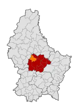 Map of Luxembourg with Bissen highlighted in orange, and the canton in dark red