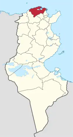 Map of Tunisia with Bizerte highlighted