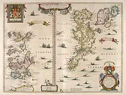 An old map of two island groups with the Orcades at left and Schetlandia at right. A coat of arms at top left shows a red lion rampant on a yellow shield flanked by two white unicorns. A second heraldic device is shown at the bottom right below the Oceanus Germanicus. This has two mermaids surrounding a tabula containing very small writing, topped by a yellow and blue shield.