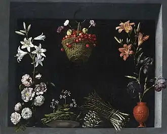 Still Life with Flowers, Vegetables and a Basket of Cherries, c. 1600, 89 × 109&nbsp;cm, private collection of David David-Weill's family.