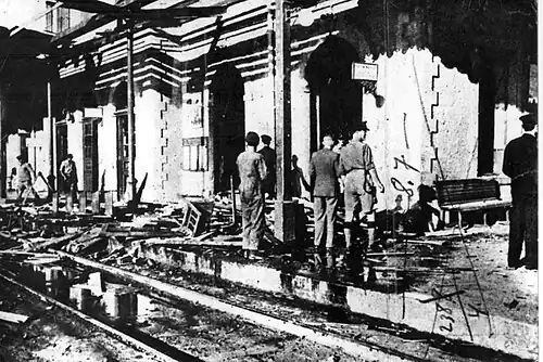 Damage caused to Jerusalem railway station by a suitcase bomb. One of the militants involved blew himself up in prison 6 months later, after being sentenced to death for the train station bombing.