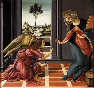 Cestello Annunciation, c. 1489–90, 150&nbsp;×&nbsp;156&nbsp;cm, Uffizi, Florence