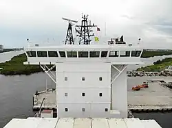 Navigational bridge of a cargo ship docked at Port Everglades, Florida