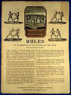 A poster showing four pairs of men in various boxing poses, above text detailing boxing rules