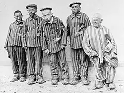 Five Jewish men in striped prison garments stand in a line against a wall.