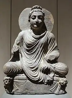 The Buddha on lion throne. Takht-i-Bahi. Schist, H. 525&nbsp;mm (20.7&nbsp;in). Museum für Indische Kunst.