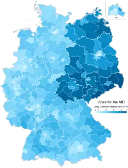 Percentage of AfD party list votes in the 2025 German federal election.