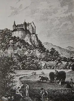 The castle and village of Egloffstein on a wood engraving by E.&nbsp;Hofmann (c. 1880)