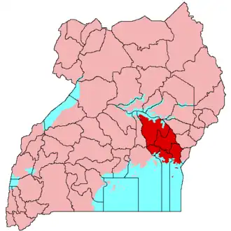 Location of&nbsp;Busoga&nbsp;(red) in Uganda&nbsp;(pink)