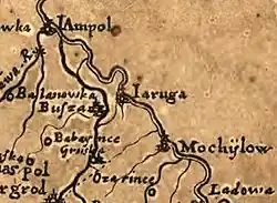 Busha (marked as Buʃza) on Beauplan's map from 1648. South is up, north is down, the river represented by a double line is Dniester