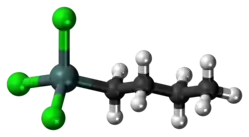 Ball-and-stick model of the butyltin trichloride molecule