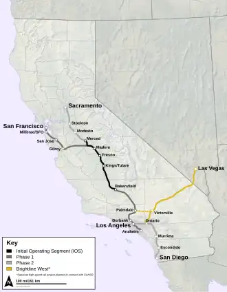 A map of planned high-speed rail routes in California. The separate Brightline West on I-15 corridor is indicated in yellow.