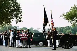 The casket of former president Ronald Reagan is transferred from a hearse to a caisson at 16th Street and Constitution Avenue in Washington, D.C. on June 9, 2004.