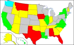 Map showing (1) California, Hawaii, Illinois, Louisiana, New Jersey, New York, North Carolina, Delaware and Virginia have implemented COVID-19 vaccine passports; (2) Alabama, Arizona, Florida, Idaho, Indiana, Iowa, Montana, North Dakota, South Carolina, South Dakota, Texas, and Wyoming have banned COVID-19 passports; (3) that Alaska, Arkansas, Georgia, Missouri, New Hampshire, Oklahoma, Tennessee, and Utah have partially banned COVID-19 vaccine passports; (4) that Washington has a significant locality that has implemented a COVID-19 passport